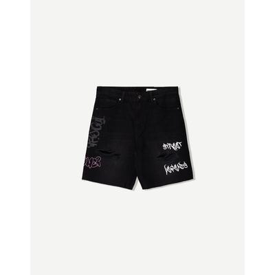 Bershka Printed Denim Bermuda Shorts Men 30 Black