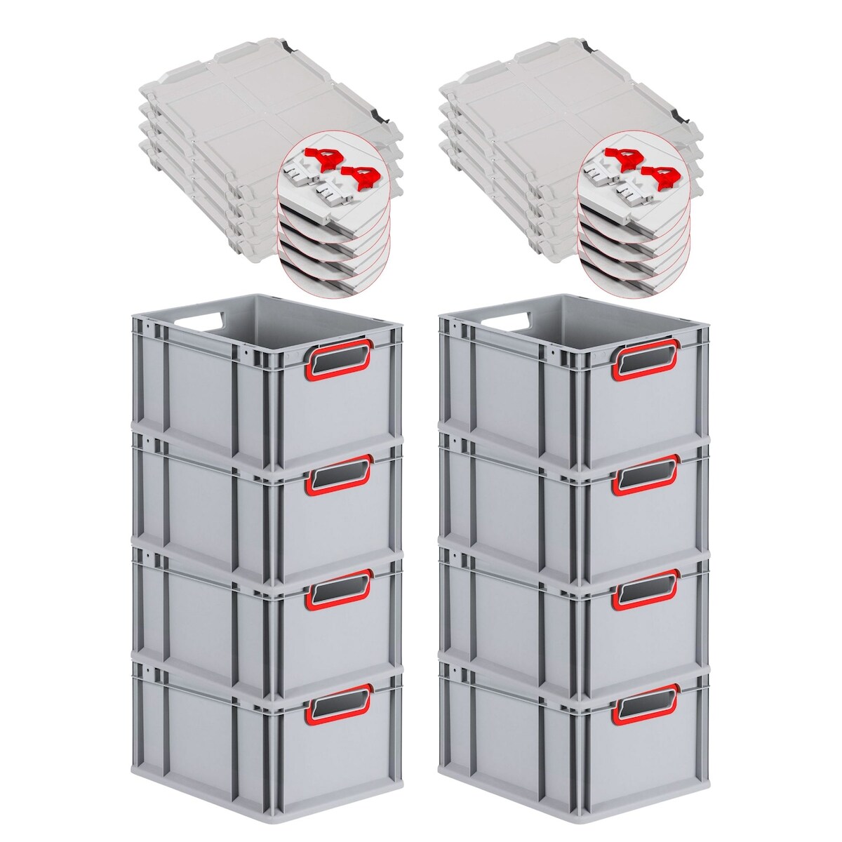 PROREGAL 8x Eurobox NextGen Color mit Scharnierdeckel & Verschlüssen | HxBxT 22x30x40cm | 20 Liter | Griffe rot offen | Glatter Boden Image