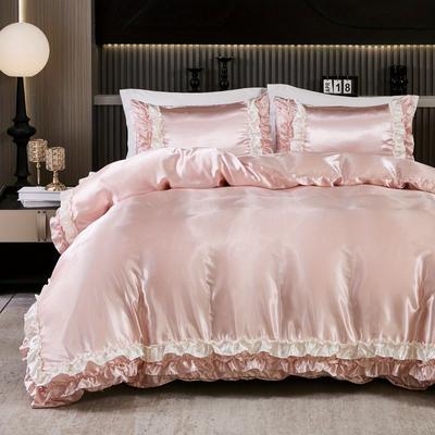 TEMU 3pcs 80g Color D Pink Double Layer White Lace Edge Quilt Cover Kit, Bedding Three-piece Set With 1 Duvet Cover And 2 Pillowcases, Style, Ten Sizes Image