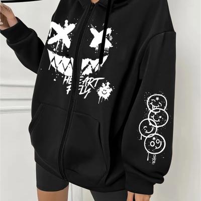 TEMU Printed Casual Zip-up Hoodie With Pockets, Stylish Sweatshirt Jacket, Hoodie, Fall Image