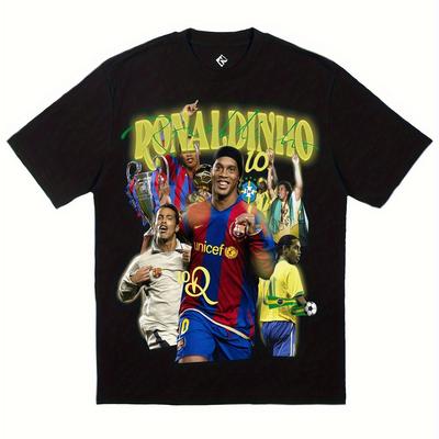 TEMU Men's Football Pattern Cotton T-shirt- 180g Heavy Black Short Sleeve, Featuring Player Action Print, Crew Neck Design, Suitable For Sports Fans And Casual Wear, Durable Fabric Image