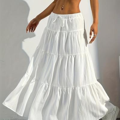 TEMU Elegant High-waisted Maxi Skirt For Women - Flowing White Polyester Skirt With Drawstring, Machine Washable, Style, Versatile Skirt Style | Flowing Fashion | Polyester Fabric Image