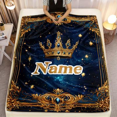 TEMU Personalized Crown Flannel Blanket, 100% Polyester, , All , Tear Resistant, Lightweight , 200-250gsm, Knit Fabric, Style Decor Image