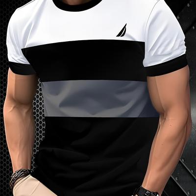 TEMU Men's Stylish Casual T-shirt - 100% Polyester, Crew Neck Short Sleeve, Machine Washable, Comfortable Wear | Smooth Texture Fabric Image