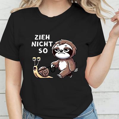 TEMU Zieh Night Size Women's T-shirt - Funny Sloth & Snail Cartoon Print, Short Sleeve Crew Neck Top, Casual Summer Tee, Lightweight Polyester, Trendy Plus Size Clothin Image