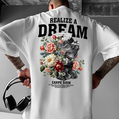 "TEMU Men' Style Graphic T-shirt - " A Dream" , Loose Fit, Round Neck, Summer Casual Wear, Adult Size, Casual Wear Tee | Floral Print Shirt | Shirt" Image