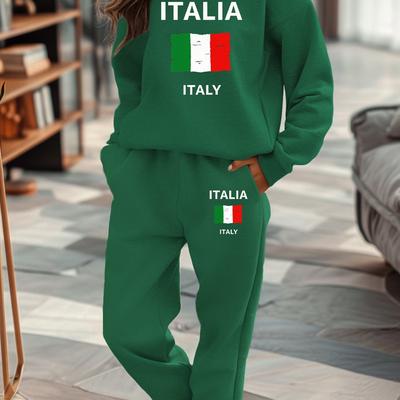 "TEMU Women's "italia" Green Sweatshirt & Sweatpants Set With Italian - Casual Fall/winter Clothing, Cozy Sweatpants|italianinspired Apparel|" Image