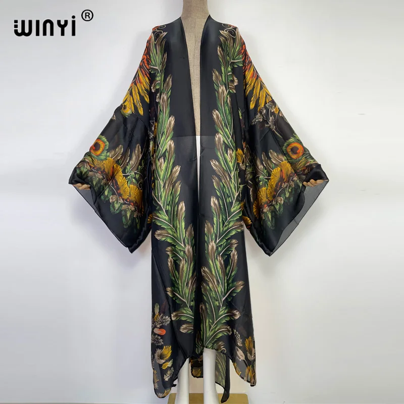 WINYI 2022 Boho Gedruckt Lange Kimono Kleid Bikini Wrap Seidige Abdeckung-ups Frauen Sommer Kleidung Strand Tragen Schwimmen Anzug cover Up kaftan Image