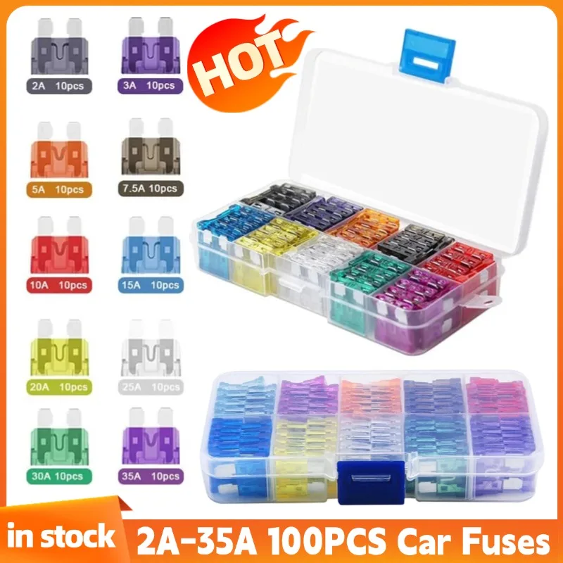 100 Stück Mini Medium Standard Flachsicherung Kfz-Sicherungen 2A 3A 5A 7,5A 10A 15A 20A 25A 30A 35A Autosicherungssortiment mit Box Image