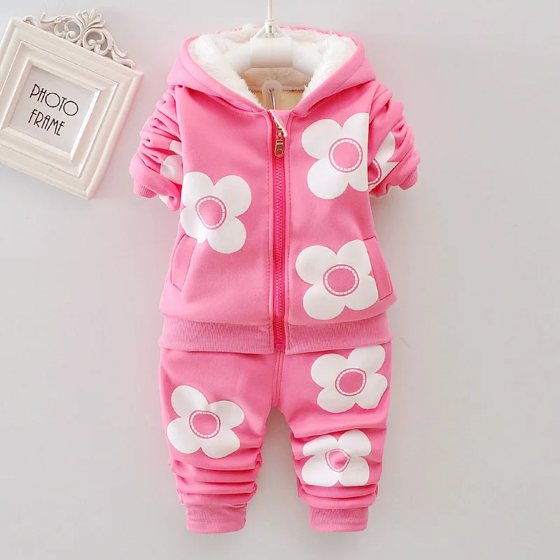 Herbst Winter kinder Kleidung Set 2PCS Mädchen Baumwolle Blume Drucken Mit Kapuze Mantel + Hosen Baby Casual Outfit Set dicke Warme Kleidung Image