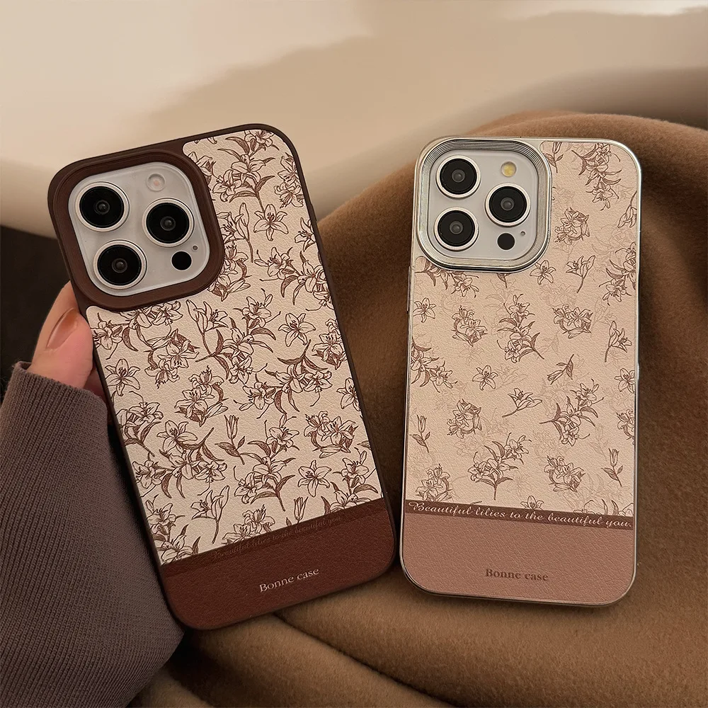 Korean Vintage Lily Flowers Leather Texture Phone Case For iPhone 16 15 14 13 12 11 Pro Max Back Hard Cover Shockproof Bumper