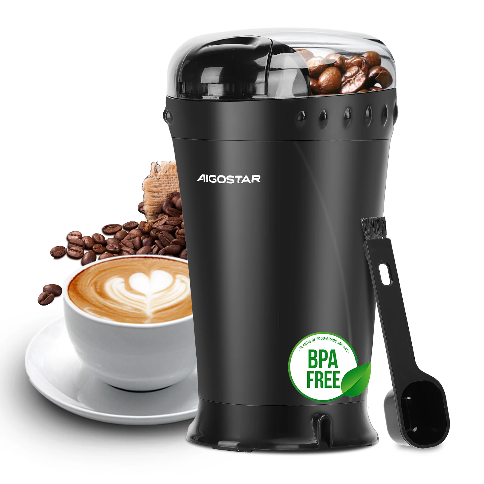 Aigostar Kaffeemühle Elektrisch Gewürzmühle Kaffee Mühle für Kaffeebohnen, Getreide, Gewürze und Nüsse, Edelstahl Schlagmesser, 60g Bohnenbehälter, Elektrische Propellermühlen,150 Watt, Schwarz Image