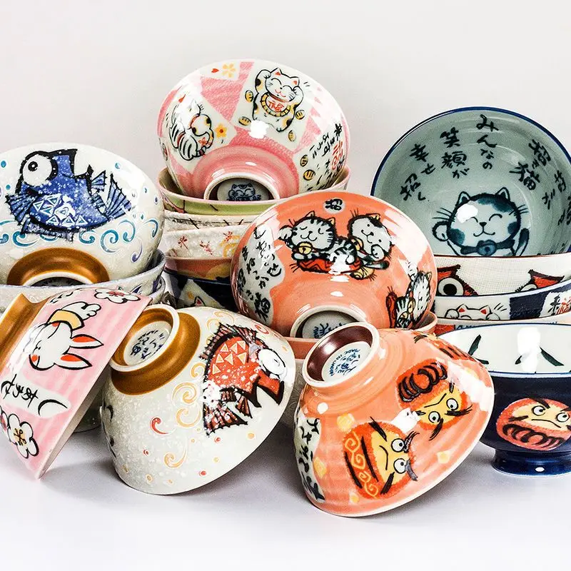 Japanische Glückskatzen-Reisschüssel, niedliche Tier-Keramikschalen, Cartoon-Kaninchen-Suppenschüssel, 4,5/5/5 Zoll japanisches Geschirr, Salatschüssel Image