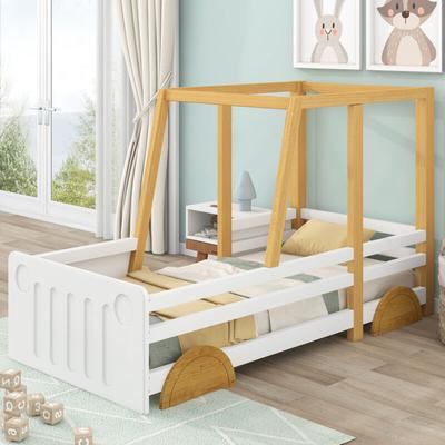 Autobett, Jeep-Bett, Kinderbett mit MDF-Rädern, Rahmen aus Kiefer, weiß + natur (90x200cm) Okwish Image