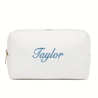 TEMU 6 Colors , Corduroy Minimalist Makeup Bag With Embroidered Custom Name, Soft And Lightweight Large Capacity, Daily , College, Parties, Banquets, Weddings, Etc., Great Gift! Image