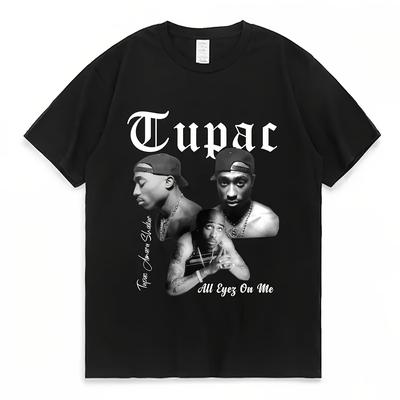 TEMU Men's Graphic T-shirt - Black Hip-hop With Iconic Portrait & Back Print, High-quality Regular Neck Short Sleeve Casual Top, Apparel | Design Tee | Polyester Image
