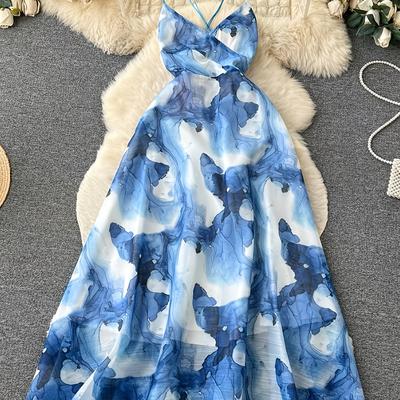 TEMU Print Off-shoulder A-line Maxi Dress With Watercolor Floral Print - Lightweight 100% Polyester Beach Dress For Spring Summer Fall, Machine Washable Flowy Long Dress For Women Image