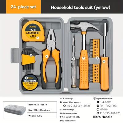 TEMU 24pcs Yellow Set/pink Set, Household Power Tool Set, Hexagonal Wrench Screwdriver Pliers, 2 Colors Optional, Household Repair Tool Set