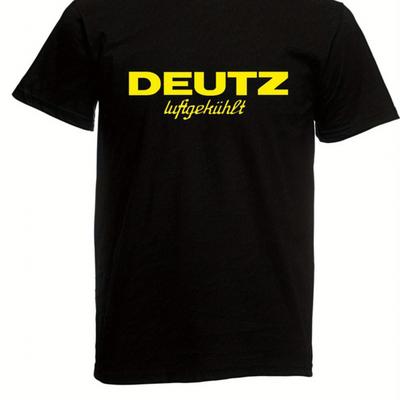 TEMU Deutz Tractors Men's & Women's 100% -cooled Shirt - Black With Yellow Logo Print, Bohemian Style Round Neck, 220gsm Heavyweight Fabric, Hand Wash Only, Casual Wear Image