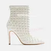 Weiße Perle spitzen Zehen kurze Stiefel Frauen großen Reiß verschluss elegante dünne High Heels