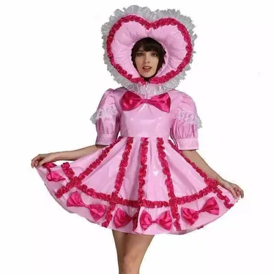 Sissy rosa verbundenes Baby abschließbare Dienstmädchen Schleife PVC Kleid Cosplay Halloween Kostüm individuell Image