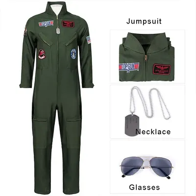 Erwachsener Jungster Kämpferpilotenkostüm Air Force Fluganzug Rollenspiel mit Fliegerzubehör Herren Armeegrün Militärpilotensprung Image