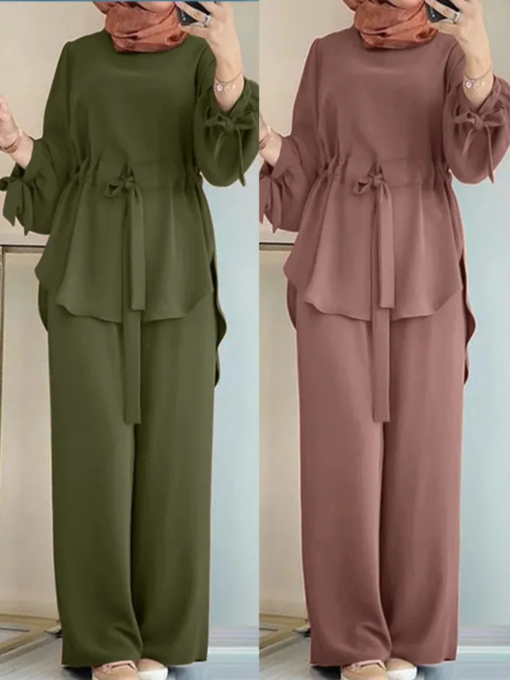 Eid Muslim Outfits Damen Hemd Schärpen Weites Bein Hosenanzug Ramadan Marokko Dubai Islam 2-teiliges Set Arabisches Jalabiya Modest Ensemble Image