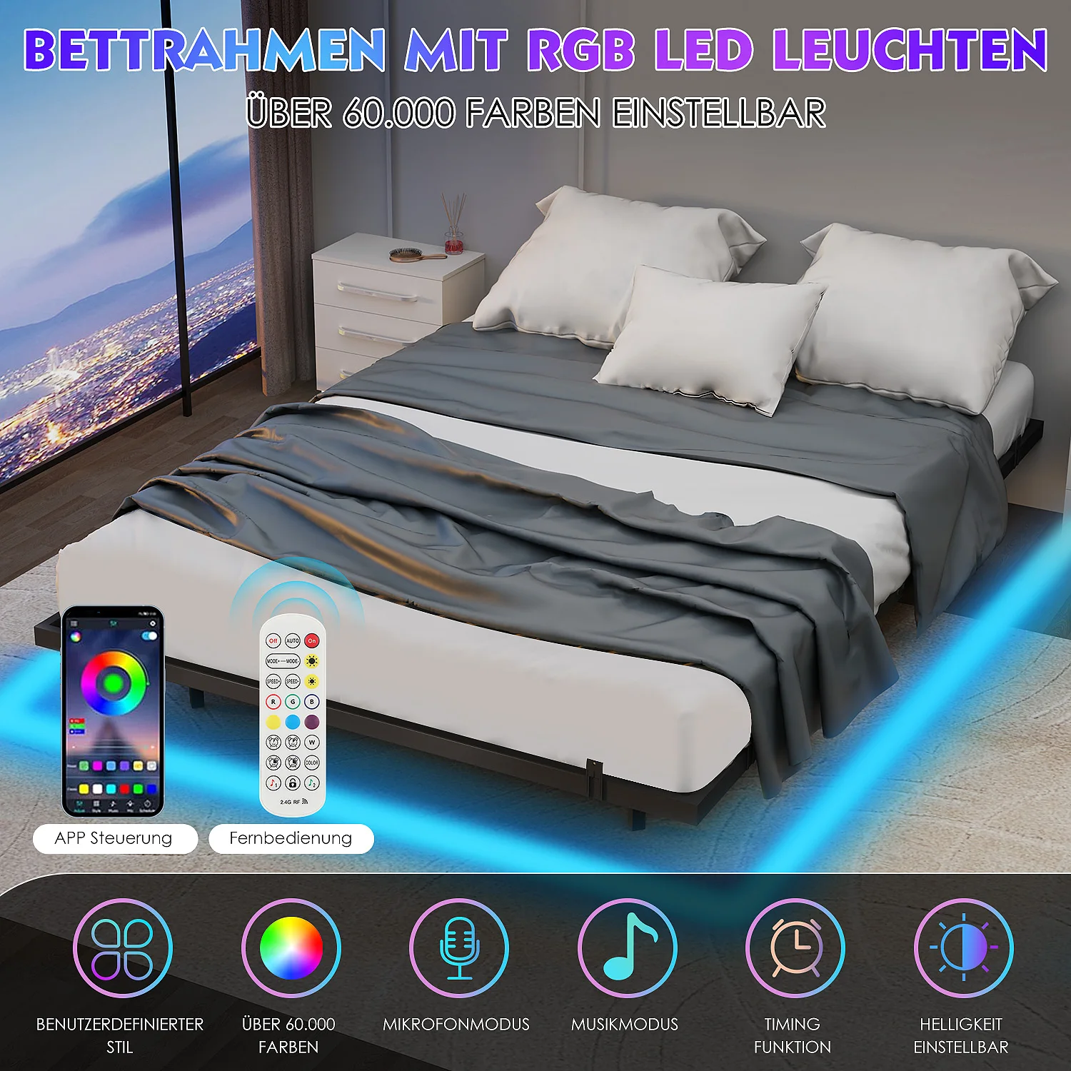 Bettgestell 140x200cm mit Lattenrost, Bett mit Led, Floating Bed Frame, Modern Metallbett, Robust, Metall Doppelbett Schwarz (ohne matratze)