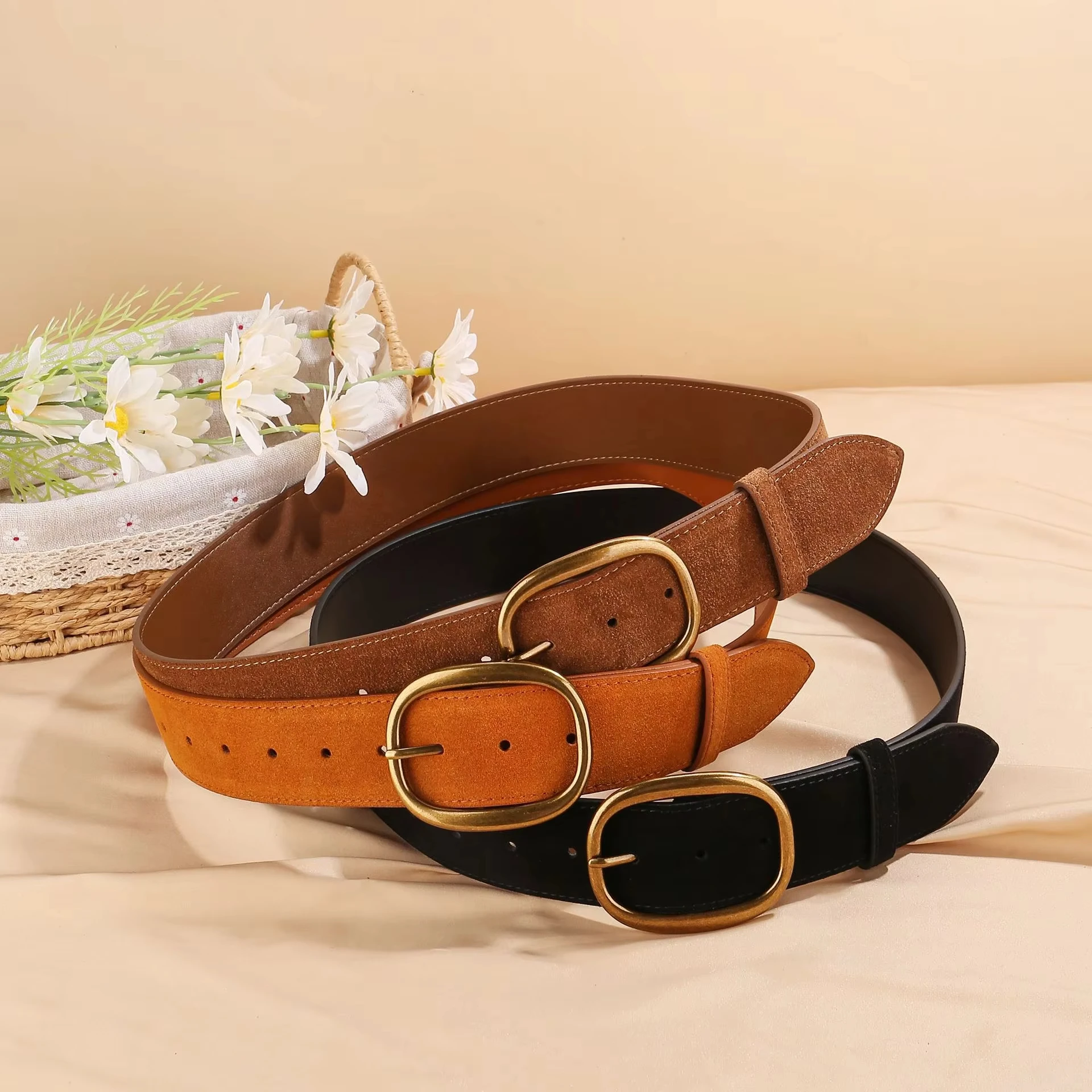 Matte Cowhide Velvet Leather Wide Belt Vintage Alloy Square Buckle Women's Multi-Functional Strap Image
