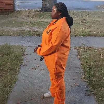 Orangefarbenes Gefangenenkostüm für Erwachsene, Herren-Overall, Jailbird-Outfit, Image