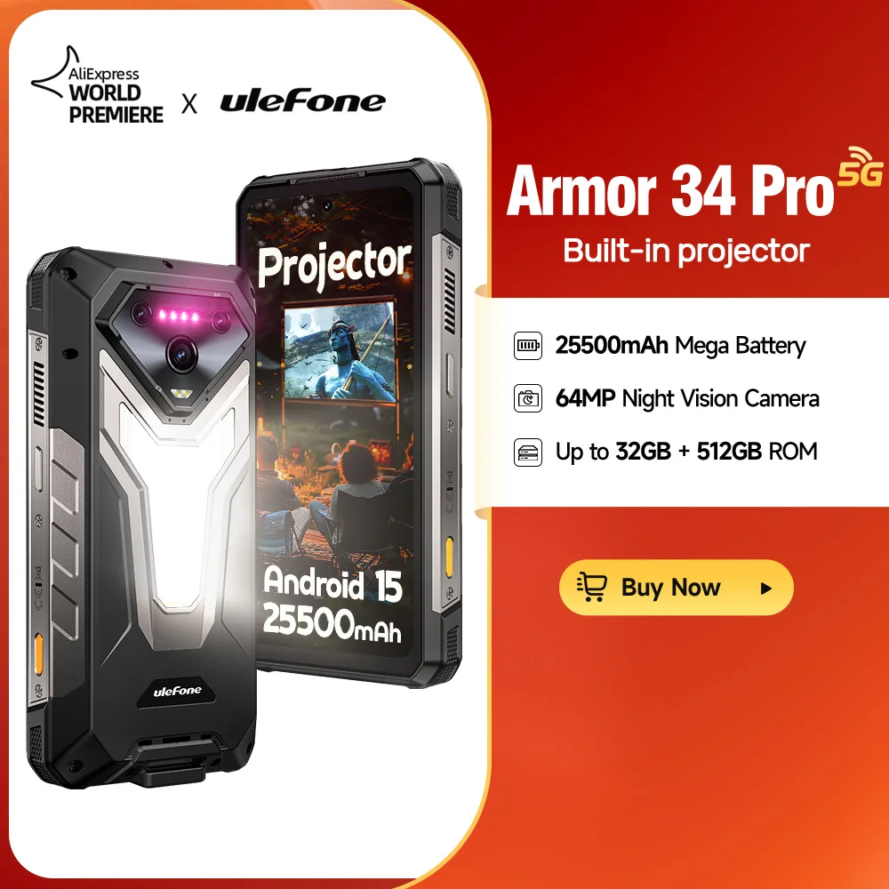 【NEU】Ulefone AI Smartphone Armor 34 Pro 5G 25500 mAh Eingebauter Projektor 512 GB ROM 120 Hz 6,95 Zoll NFC Smartphone Mobiltelefon