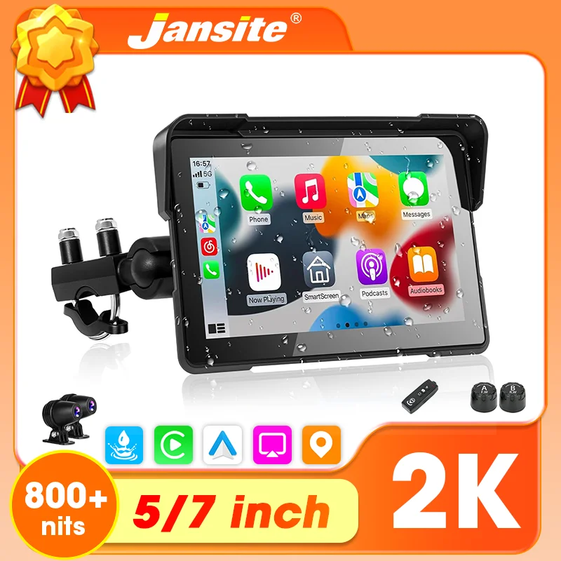 Jansite 5/7'' Tragbare Digitale Dashboard 2K Motorrad DVR Display Bildschirm Drahtlose CarPlay Android Auto GPS Motorrad Navigation Image