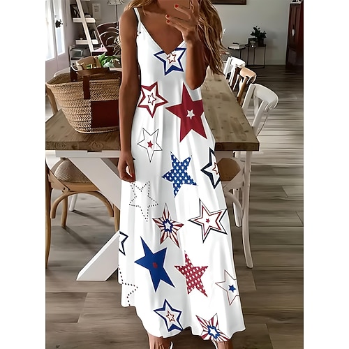Unabhängigkeitstag Patriotisches Damen Maxikleid A-Linien Kleid Nachthemd Urlaub Lässig Täglich Feiertag Grafik Flagge Ärmellos V-Ausschnitt Spaghetti Träger Weiß Rot Himmelblau Image