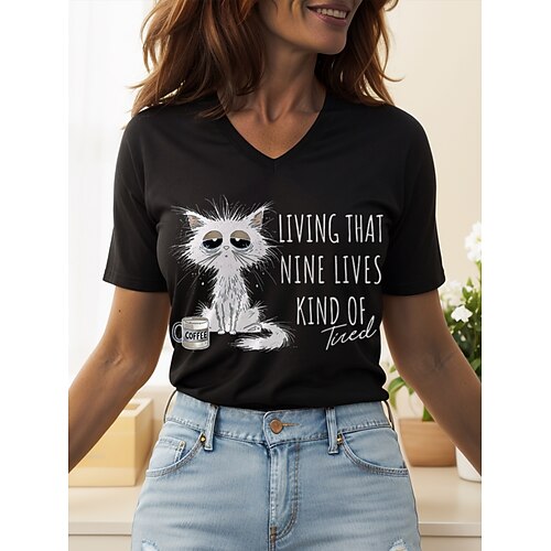 Damen T Shirt Druck Grafik Tiermotiv Katze Vintage Stilvoll Klassisch Kurzarm V Ausschnitt Normale Oberteile Täglich Blau Schwarz Weiß Rosa Rote Sommer Frühling Image