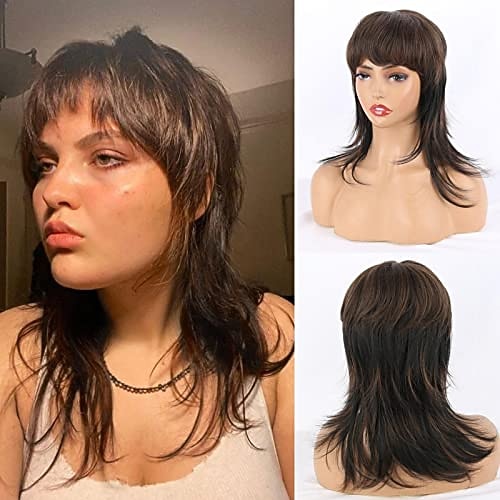 Mullet-Perücken für schwarze Frauen Gerade Wolf-Cut Perücke Mullet-Perücke Geschichtete Mullet-Perücken mit Pony Weiche synthetische Shag 80er 90er Mullet-Perücken für Frauen Rocker Cosplay Perücke Image
