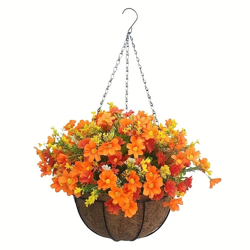 Künstliche Blumen für draußen mit Hängekorb, Hängepflanzgefäße, Blumen für Frühling, Sommer, Veranda, Garten, Terrasse, Heimdekoration Image