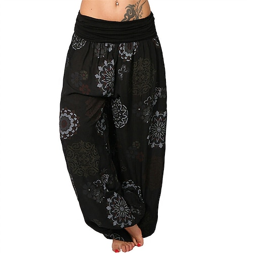 Damen Hosen Hose Haremshose Palazzo-Hose Mode Boho Volle Länge Mittlere Taille Druck Elastischer Bund Bequem Mikroelastisch Straße Alltagskleidung Ausgehen Blau Schwarz Weiß Gelb Sommer Normale Image