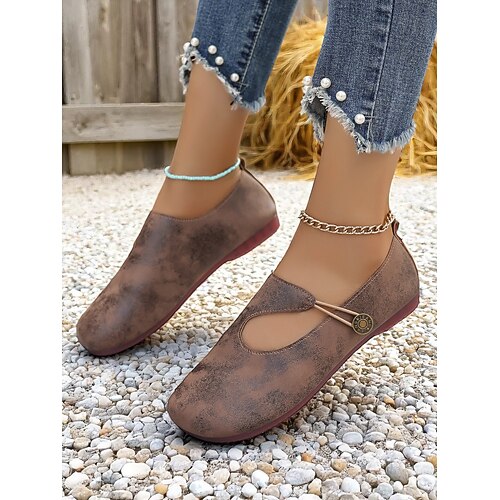 Weite Retro-Mary-Jane-Ballerinas für Damen mit Knopfriemen, bequeme Vintage-Schuhe für tägliche Spaziergänge und Ausflüge auf den Bauernhof Image