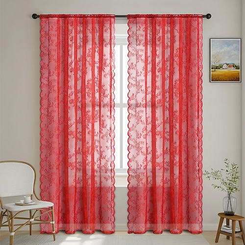 Französische Spitze bestickte Vorhänge Schlafzimmer transparente Tüllvorhänge Stangen-Taschenfenstervorhänge 2 Paneele Vorhänge Image