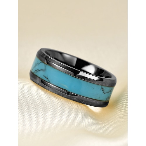 Herrenring aus Edelstahl mit blau-türkisfarbener Einlage, poliertes Comfort Fit Band, Schmuck im Westernstil für den Alltag, Hochzeiten oder als Geschenk Image