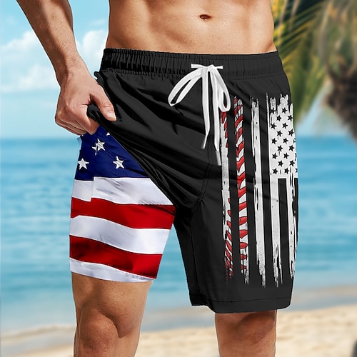Tag der Unabhängigkeit Herren 250. Jahrestag des Unabhängigkeitstages der USA am 4. Juli Patriotisch USA Flagge Gefütterte Shorts 2 in 1 Badeshorts Badehosen Mittlere Taille Ferien Seitentaschen Mit Image