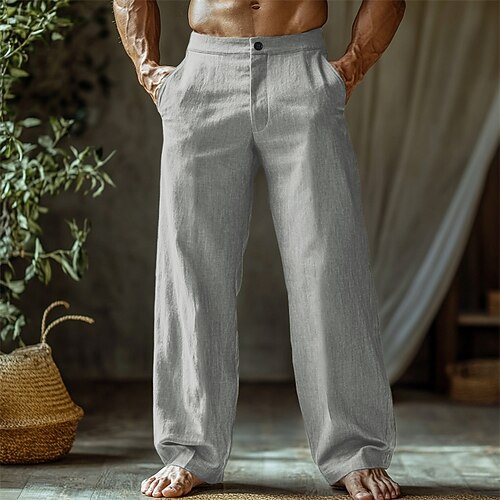 Herren Leinenhosen Hose Sommerhose Strandhose Knöpfe Tasche Gerader Schnitt Einfach Komfort Atmungsaktiv Urlaub Täglich Ferien Hawaiianisch Boho Schwarz Weiß Image