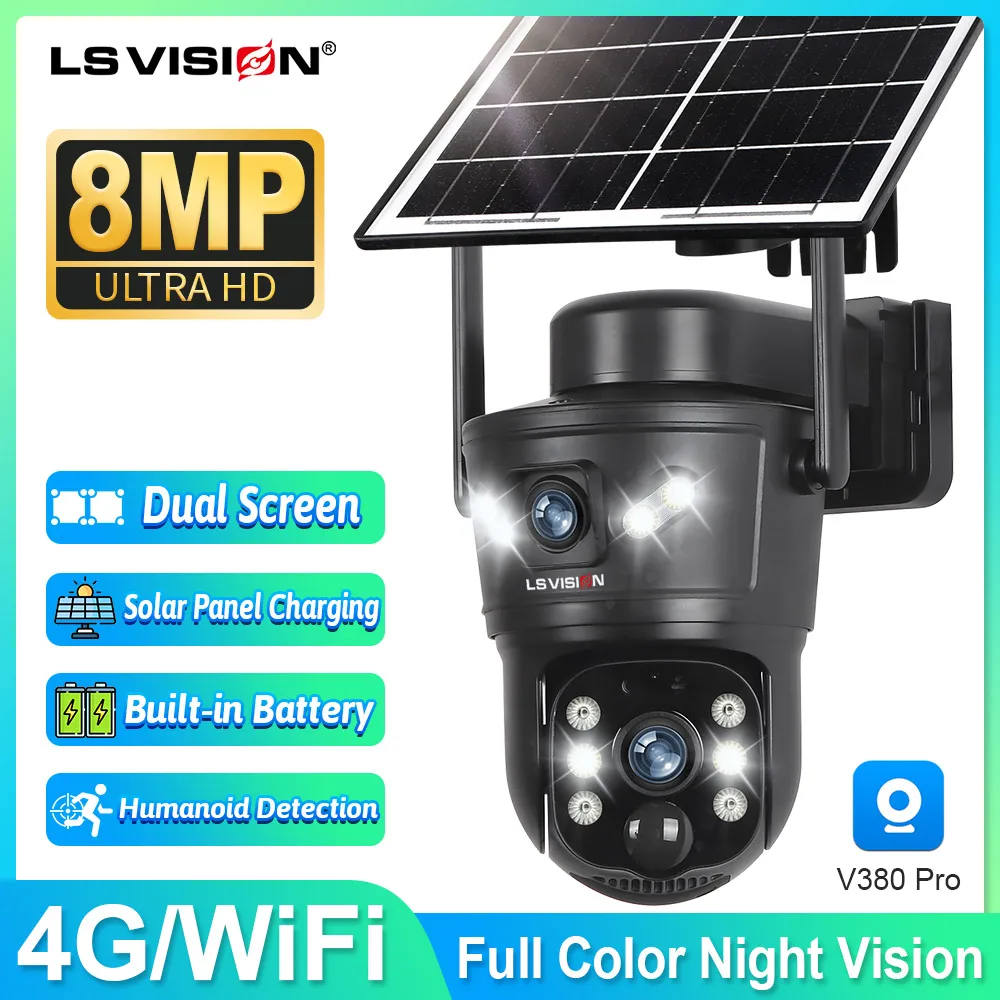 LS VISION 4G / WiFi Telecamera solare Doppia lente Esterna 8MP 4K Batteria a bassa potenza Telecamera IP PIR Visione notturna V380 Pro CCTV Sicurezza