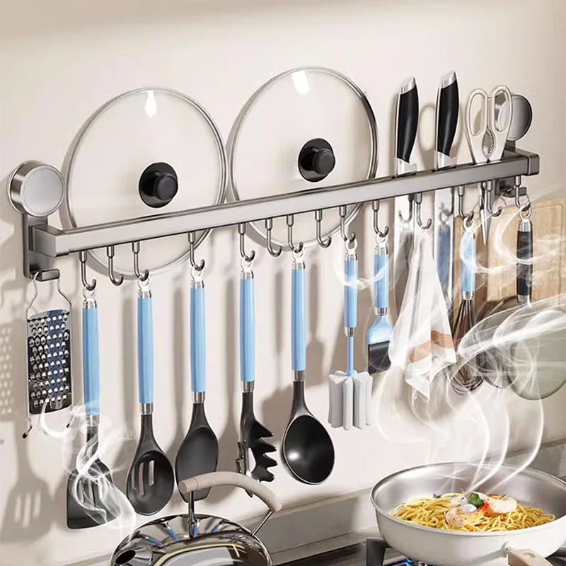 Support mural suspendu de cuisine à ventouse avec crochet coulissant, sans poinçon, ustensiles de cuisine, cuillère, pelle, porte-outil de cuisine, étagère