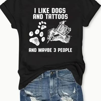 "TEMU Plus Size Casual Graphic T-shirt For Women, Polyester Crew Neck Tee, With "i Like Dogs And Tattoos And 3 People" Print, Stretch Knit Fabric, For All" Image