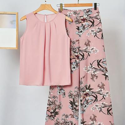 TEMU Women's Elegant And Fashionable Pink Solid Color Sleeveless Top With Floral Wide Leg Pants Set Image