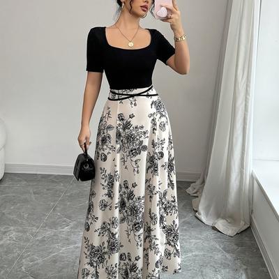 TEMU Women's Elegant Floral Neck Short Sleeve Maxi Dress With Belt - Chic Summer Dress , Polyester, Sleeveless, , Casual Or Stylish Outfits, Casual Summer Dress | Floral Print Dress | Polyester Dress Image