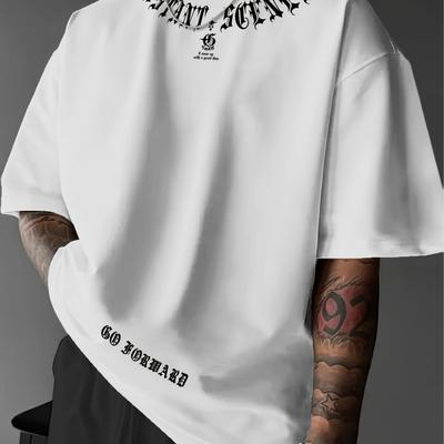 TEMU Men's Casual Oversized T-shirt With Letter Print - Breathable Summer Short Sleeve Tee, Relaxed Fit, Machine Washable, Microelastic Material For Outdoor Activities & Casual Attire, Plus Size Image