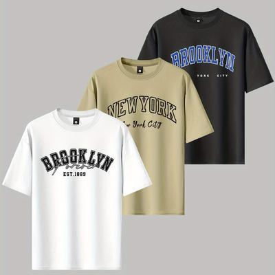 TEMU 3pcs Men's 100% Polyester Relaxed Fit T-shirts - Soft Breathable Summer Tees With Brooklyn Lettering, Machine Washable Casual Shirts For Outdoor & Casual Attire Image