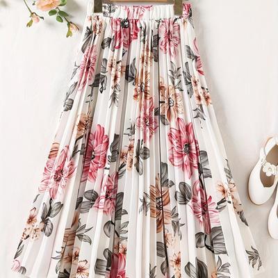 TEMU Floral Print Waist Skirt, Vintage Ruffle Hem Midi Skirt For , Women's Clothing, Retro, Casual, Floral, Half- Image